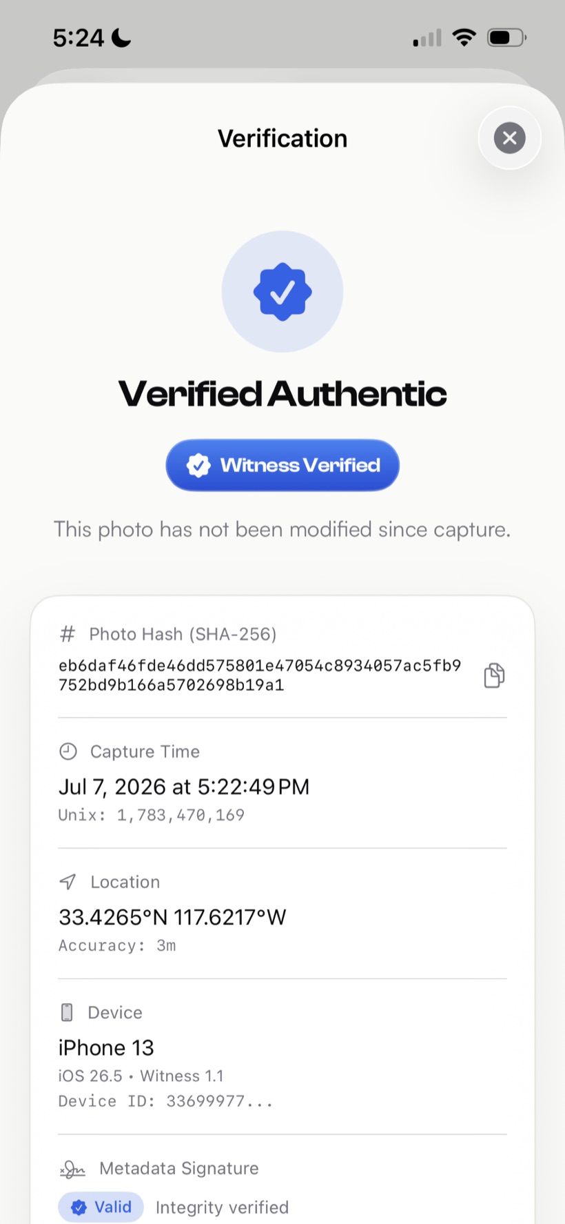 Verified Authentic proof — hash, capture time, location and device