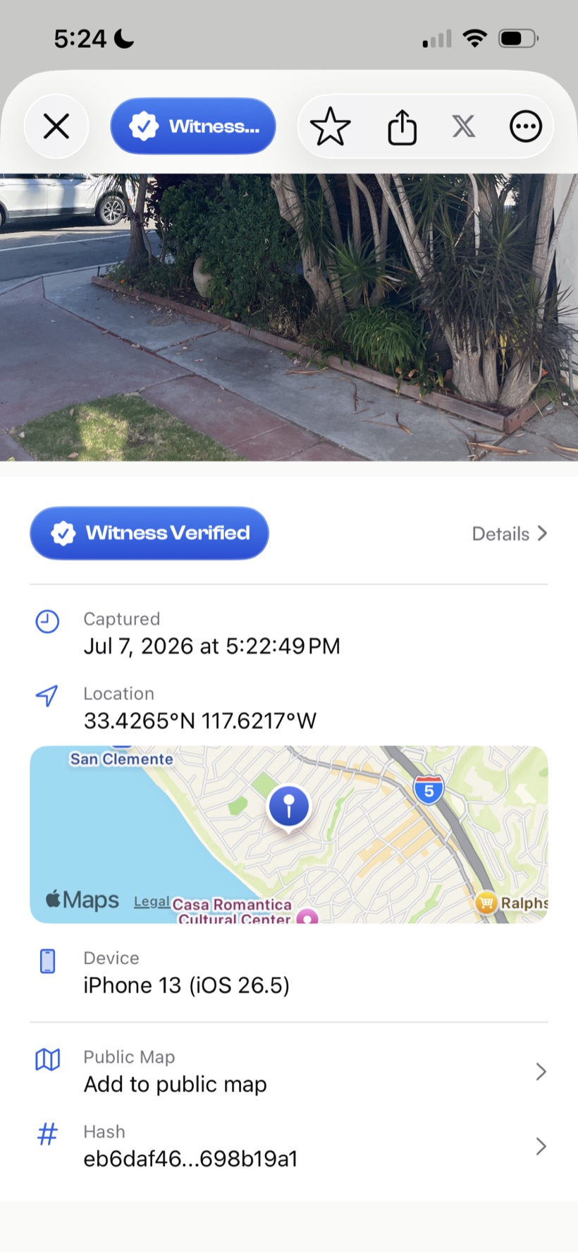 A verified capture shown on the map
